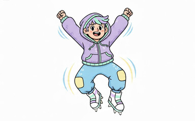 Fototapeta premium Excited Boy Wearing a Purple Hoodie and Light Blue Pants Enjoying Ice Skating in a Fun Cartoon Style Illustration