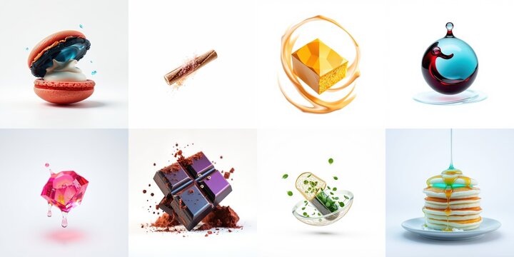 Dessert collage presents various sweet treats. Macaroon, chocolate, jelly, ruby, cocoa, capsule, pancakes shown beautifully.