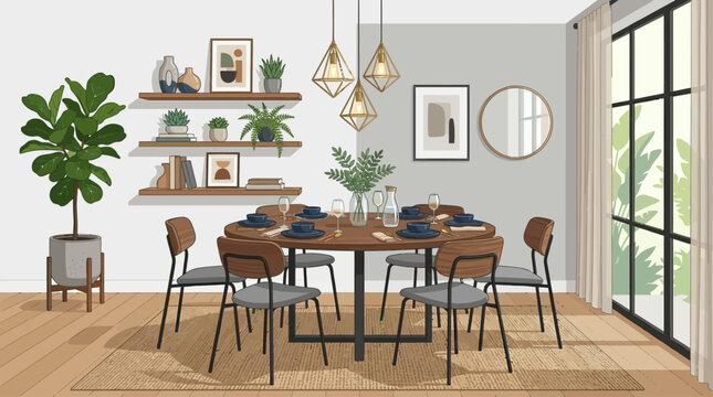 Interior designers showcase a modern dining room with table, chairs, shelves, plants, and lighting fixtures