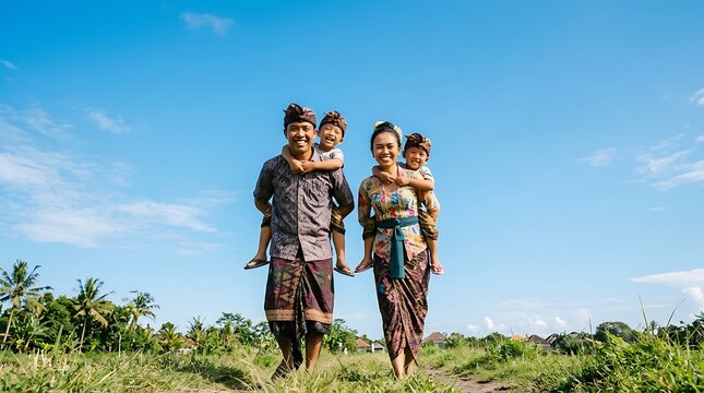 Traditional Balinese family in cultural dress, happy parents giving piggyback rides to children outdoors, authentic Indonesian lifestyle in rural nature