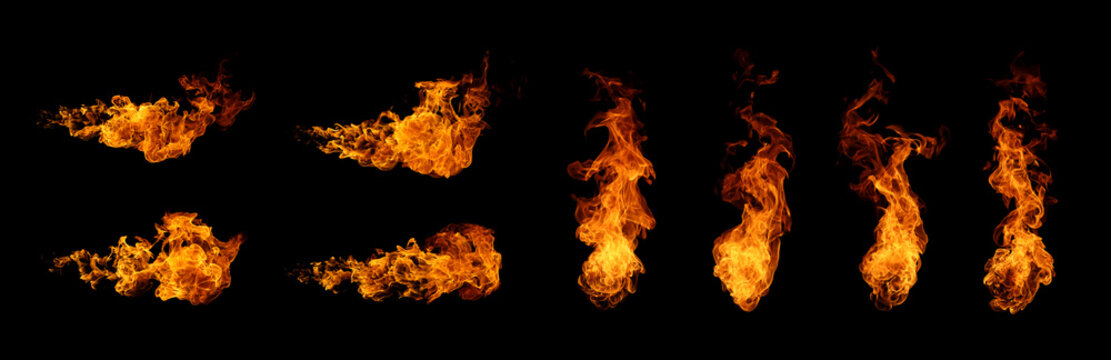 Collection of realistic fire flames isolated on black background, featuring blazing fire, burning flame elements, heat, energy, explosion effects, and transparent overlay design for creative projects.