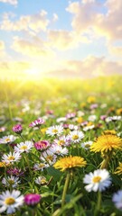 Obraz premium A sunny meadow with daisies in full bloom under bright sunlight, creating a vibrant and cheerful atmosphere, Blooming meadow with lots of white and pink spring daisy flowers and yellow dandelions, sunny day with blue clear sky, beautiful landscape in blurred background, fresh spring and summer nature concept, AI generated