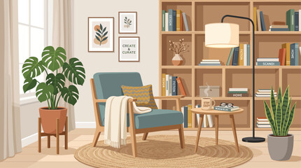 Fototapeta premium A cozy living room scene with a chair, lamp, table, bookshelf, and plants indoors.