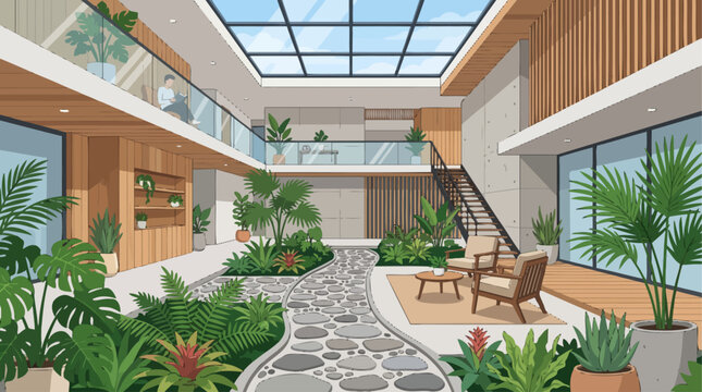 Interior view of a modern building's lobby with plants and seating area