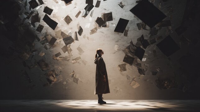 Portrait of thoughtful person standing between floating fragments of old photographs and soft shadows, symbolic journey through memories and self