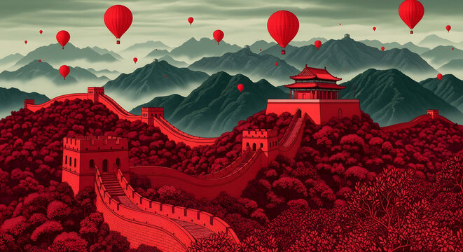 Hot Air Balloons Floating Over Mountainous Landscape at Sunrise with Dramatic Sky