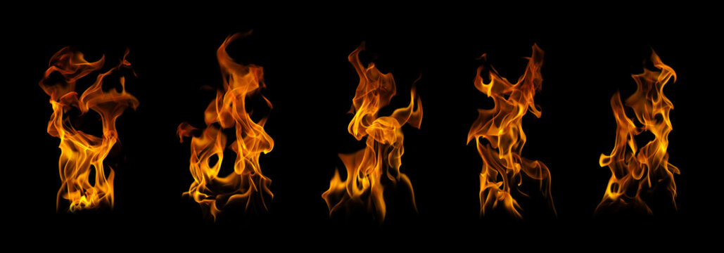 Collection of realistic fire flames isolated on black background, featuring blazing fire, burning flame elements, heat, energy, explosion effects, and transparent overlay design for creative projects.