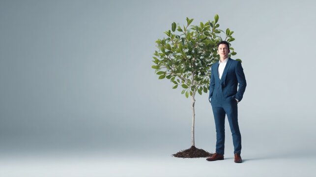 Portrait of young professional standing confidently while a small seedling grows into a strong tree behind them, self development and resilience
