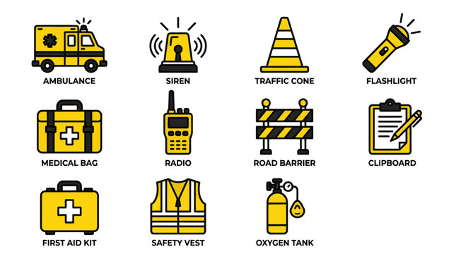 Set of emergency service icons featuring ambulance medical equipment gear