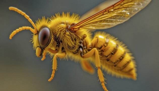 A flying yellow wasp captured in detailed motion with a blurred background, AI generated