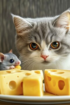 Grey cat focuses on a mouse enjoying cheese, AI generated