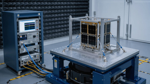 Cube satellite testing in a lab at a space center with equipment and technology for research and development
