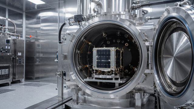 Space research facility has a satellite being tested in a vacuum chamber under controlled conditions at a laboratory in the afternoon