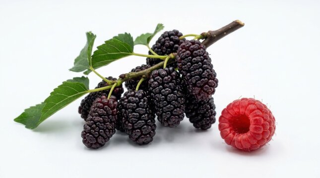 Fresh blackberries on branch with single raspberry isolated on white
