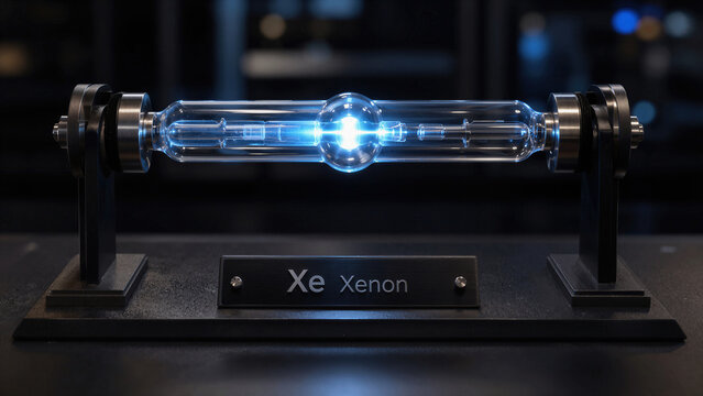 Light source made from xenon gas shows glowing blue color in a transparent glass tube with supporting stands in a dark setting in a science lab