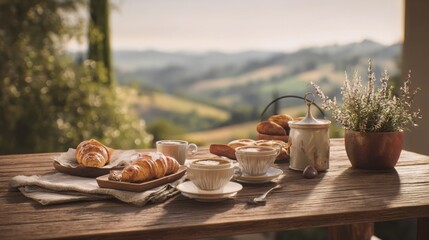 Fototapeta premium Simple Italian breakfast with coffee and fresh pastries on a rustic terrace overlooking rolling Tuscan countryside, soft morning light, luxury slow