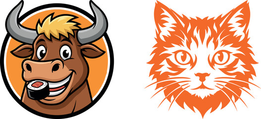 Cartoon Bull Eating Sushi and Orange Cat Head Mascot Vector Set © MstSuraiya