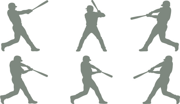 Baseball Player Silhouette Collection Set with Batting Swing Action and Hitting Poses