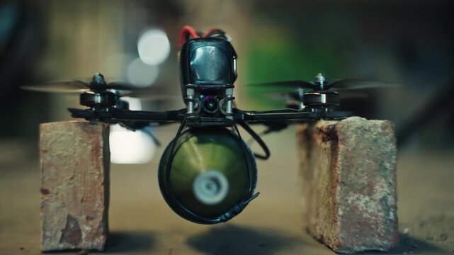 Kamikaze drone taking off from front slowmotion