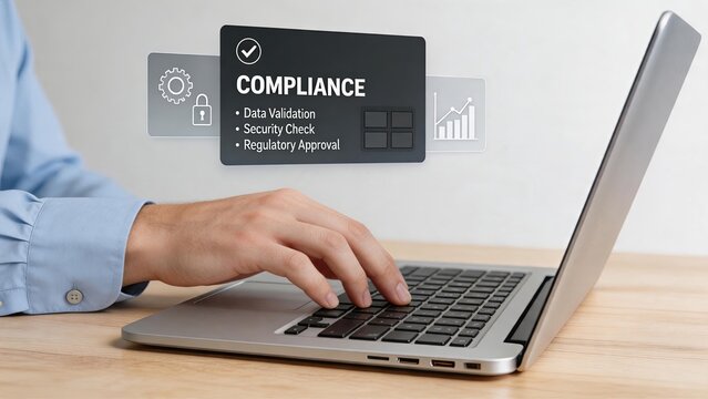 Hand typing on laptop keyboard with compliance checklist overlay showing data validation security check and regulatory approval steps for corporate governance risk management