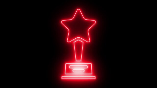 Red neon star trophy glowing on black background, for success and, achievement concepts