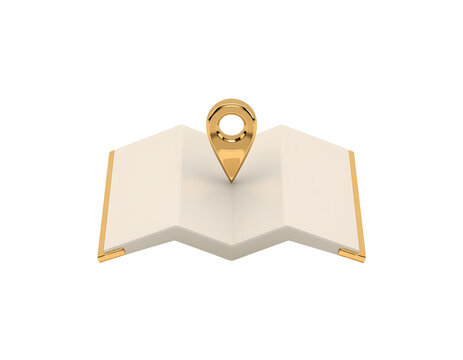 Golden map pin on a white folded paper background isolated on black map pin