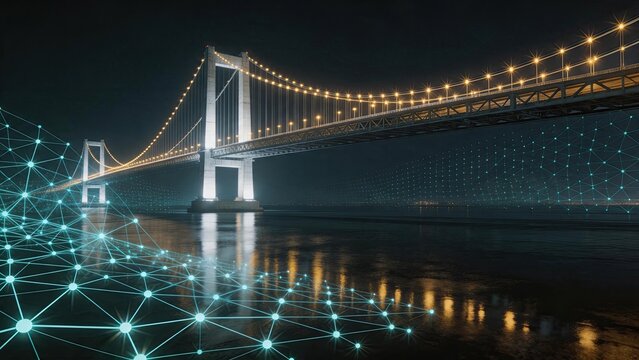 Illuminated suspension bridge at night over water reflecting lights with glowing blue digital network overlay representing connectivity infrastructure smart city technology
