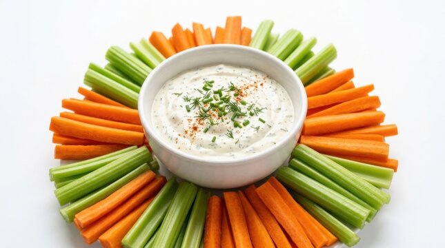 Bowl of dip with fresh carrot and celery sticks isolated