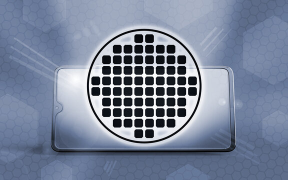 Representaci&oacute;n 3D de un smartphone moderno frente a un gr&aacute;fico circular digital compuesto por celdas, simbolizando el procesamiento de datos, innovaci&oacute;n tecnol&oacute;gica y conectividad digital global.