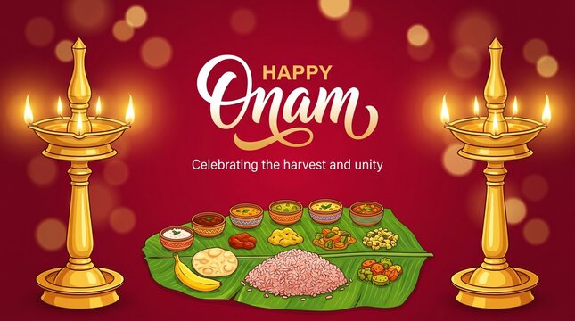 Happy Onam background with oil lamps (diyas) and traditional food (sadya) served on banana leaf for South India harvest festival. Vector illustration