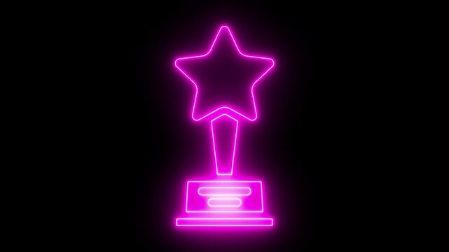 Glowing pink neon star trophy animation on black background, for awards and, achievement concepts