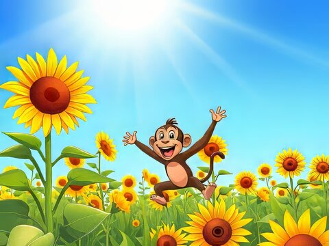 A cartoon monkey jumping in a field of sunflowers on a sunny day.