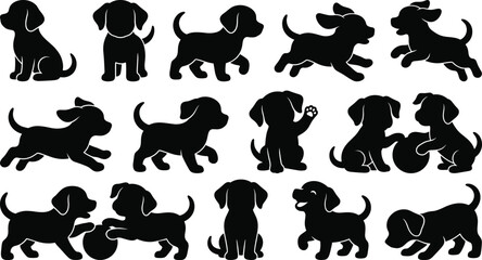 Obraz premium Cute Puppy Silhouette Collection Set with Sitting Running Playing and Walking Dog Poses
