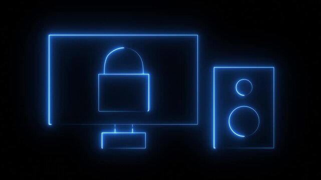 Glowing neon monitor cybersecurity icon isolated on black background. HD Video motion graphic animation. Monitor with neon line lock icon animation on black background. technology data concept.