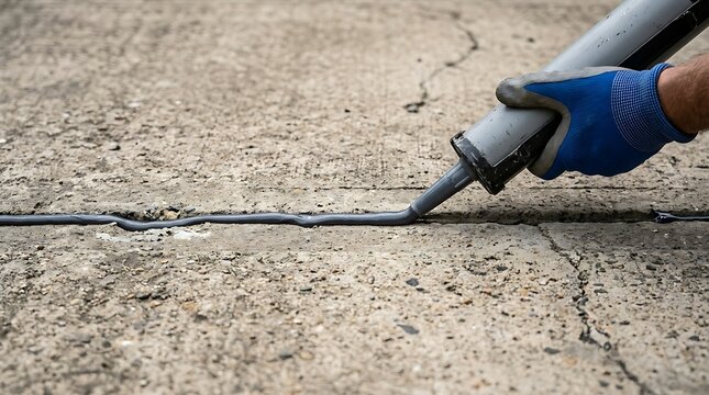 Filling concrete cracks with gray sealant using a caulking gun