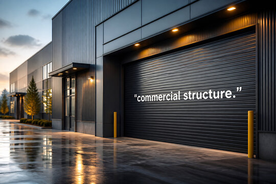 A modern commercial building facade with a large closed metal shutter at dusk.