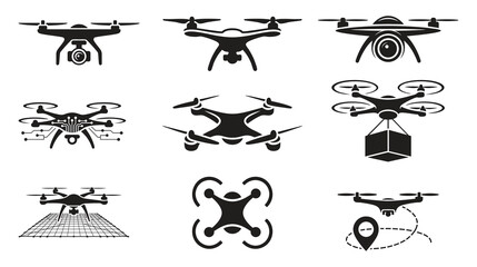 Fototapeta premium Drone Icons Set – UAV, Quadcopter, and Fixed-Wing Vector Silhouette