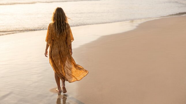 Woman with wavy blonde hair in a patterned golden kaftan seen from behind walking on wet sand at sunset with footprints, faceless figure with wide right copy space