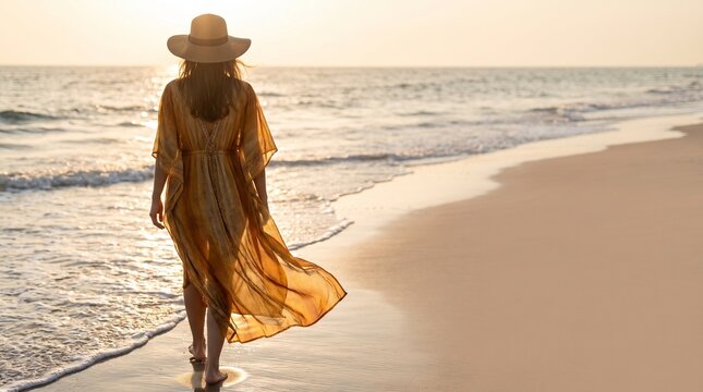 Woman in a straw hat and sheer amber kaftan seen from behind walking on a wet sand beach at golden hour, faceless backlit figure with wide right copy space