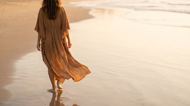 Woman in a flowing caramel kaftan seen from behind walking along the wet shoreline at golden hour, faceless cropped figure with reflection and wide right copy space