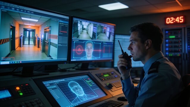 Professional security guard supervising surveillance cameras in modern control room