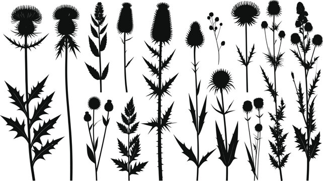 Vector silhouette illustration set of wild thistle flowers weeds burdock and thorny botanical elements isolated on white background