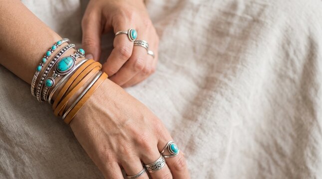 Close up of stacked turquoise and silver bangles with a tan leather wrap bracelet and rings on a womans hands over linen, faceless with wide right copy space