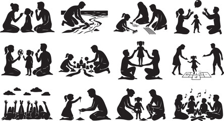 Obraz premium Kids creative learning and family play beach silhouettes, summer holiday educational vector