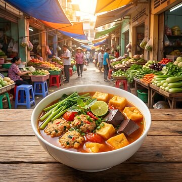 bowl of Bun Reu (Vietnamese crab paste vermicelli soup) with a rich tomato-based broth, fluffy crab paddy cakes,  backdrop of a colorful, sunlit local wet market alley in Haiphong, 
