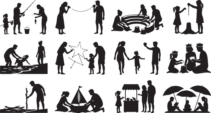 Family beach fishing and camping silhouettes set, parents and kids summer holiday activities vector icons