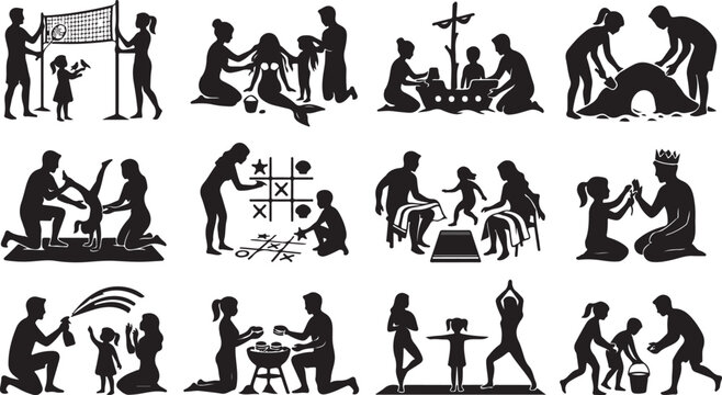 Family beach fitness and sports silhouettes, parents with kids summer holiday activities vector