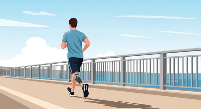 Back view vector illustration of a man with a prosthetic leg jogging on a bridge. Amputee athlete running outdoors near the ocean under a clear blue sky with white clouds.
