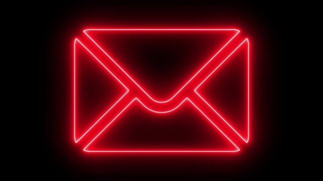 Glowing red neon mail envelope animation on black background, for digital communication, concepts email