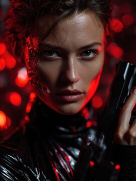 A female spy in a black leather bodysuit wielding pistols